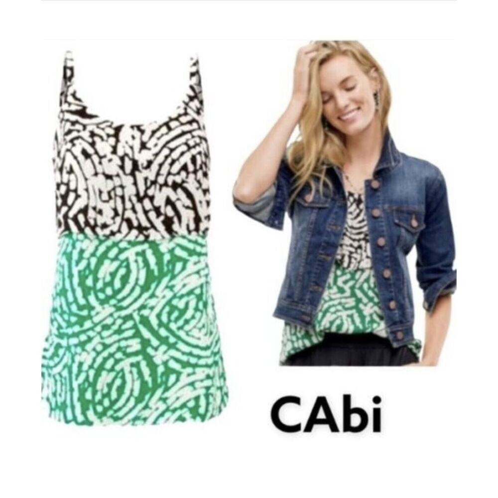 CAbi 5732 M Blouse Hobnob Cami Sleeveless Tiered Tank Top Green Black Women's